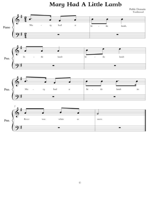 Mary Had A Little Lamb - Traditional Sheet Music Printable pdf