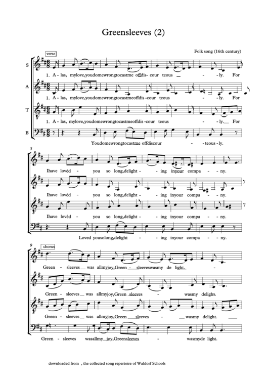 Greensleeves Folk Song 16th Century Printable Pdf Download