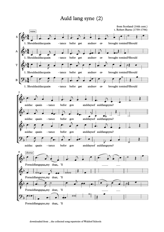 Auld Lang Syne - From Scotland (16th Cent.) Printable pdf
