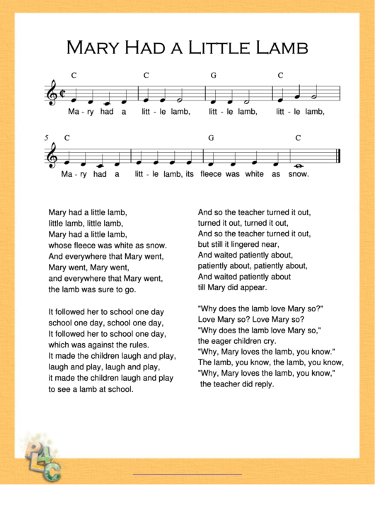 Mary Had A Little Lamb - Sheet Music (With Lyrics) Printable pdf
