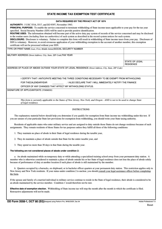 Fillable Dd Form 2058 - 1, State Income Tax Exemption Test Certificate Printable pdf