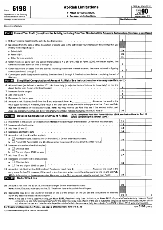 Form 6198 (1990) - At-Risk Limitations Printable pdf