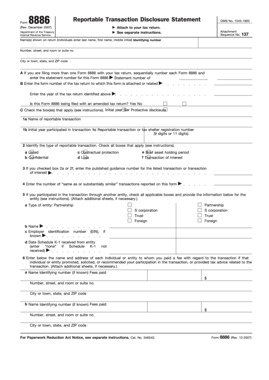 Fillable Form 8886 Reportable Transaction Disclosure Statement Printable pdf