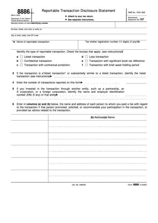 Fillable Form 8886 (Rev. March 2003) Reportable Transaction Disclosure Statement Printable pdf