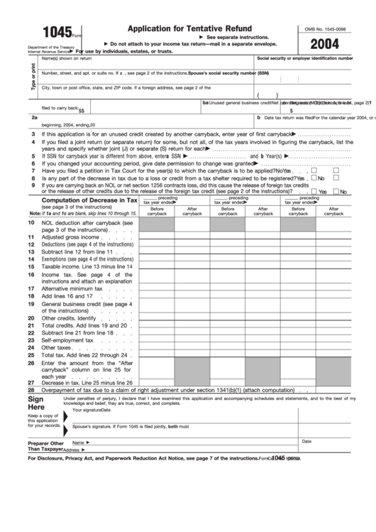 Fillable 2004 Form 1045 - Application For Tentative Refund Printable pdf