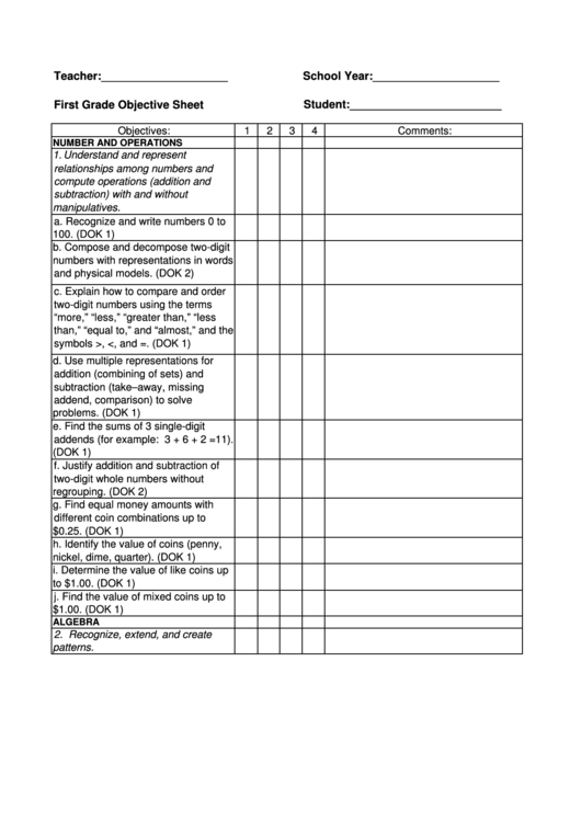 First Grade Objective Sheet Printable pdf