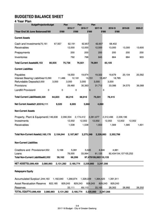 Budgeted Balance Sheet (4 Year Plan) Printable pdf