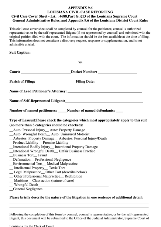 Louisiana Civil Case Reporting Information Sheet Printable pdf