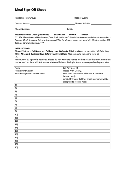 Meal Sign-Off Sheet - Cal Poly Campus Dining Printable pdf