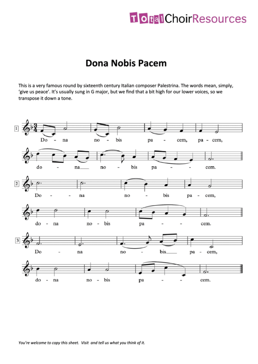 Dona Nobis Pacem - Palestrina printable pdf download