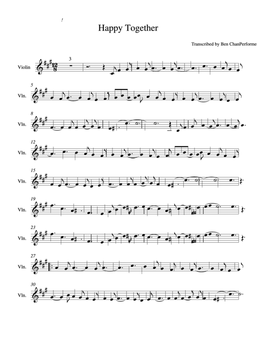 Happy Together (Transcribed By Ben Chan) Printable pdf