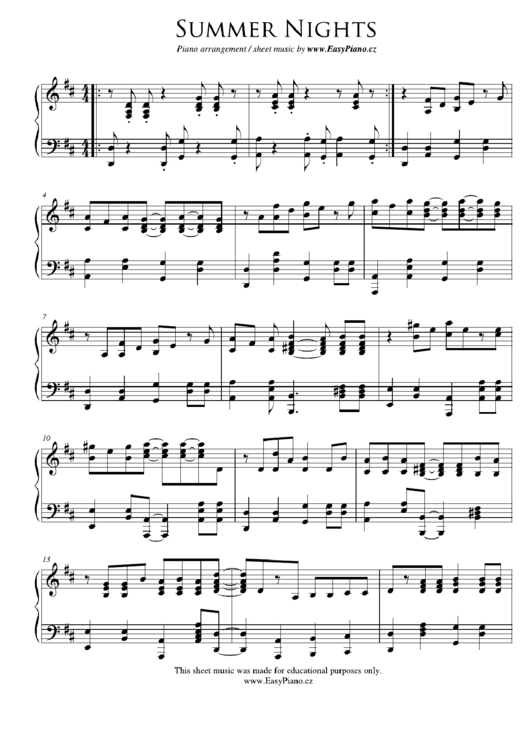 Summer Nights (Piano Sheet Music) Printable pdf