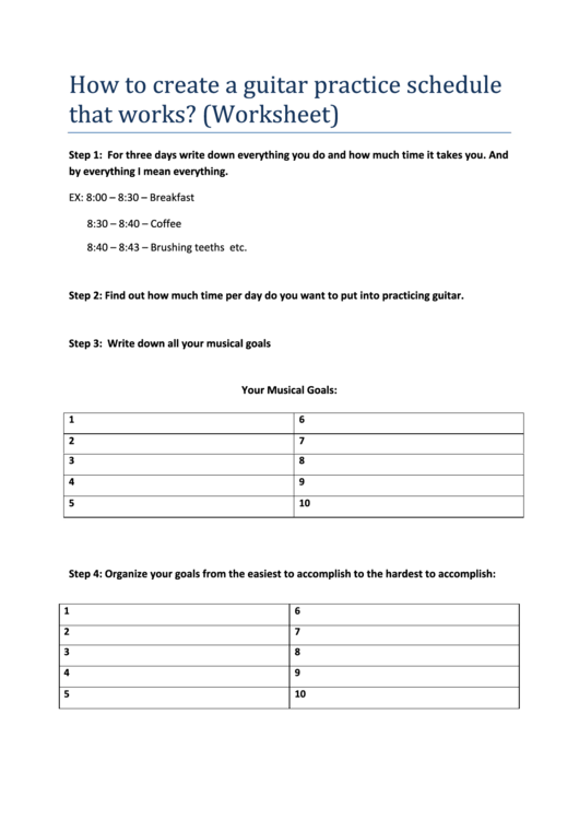 Guitar Practice Schedule Worksheet Template Printable pdf
