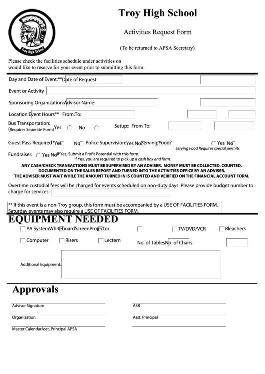 Fillable Troy High School - Activities Request Form Printable pdf