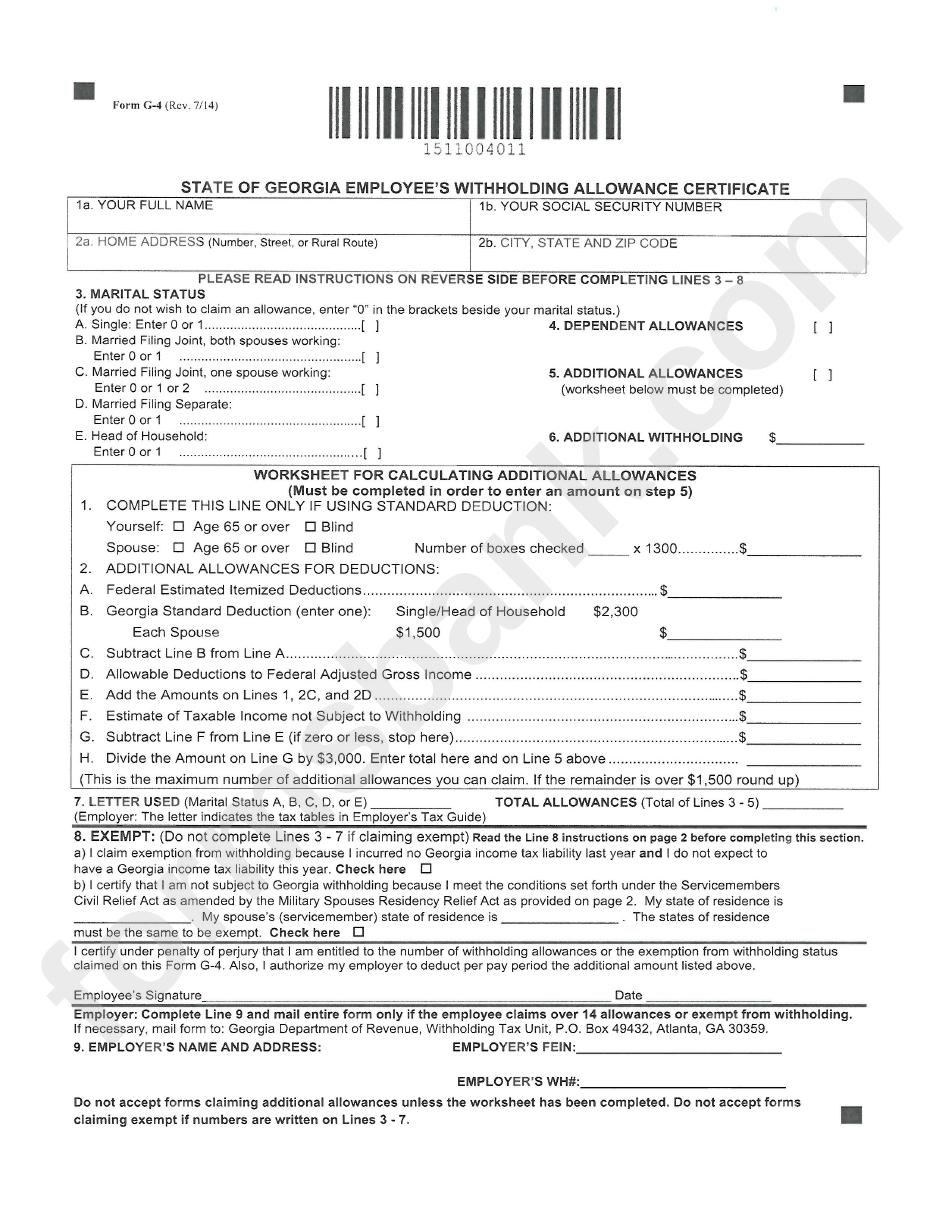 2015 G4 State Of Georgia Employee #39 S Withholding Allowance Certificate
