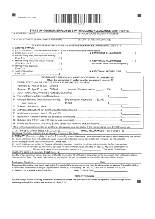 2015 G4, State Of Employee'S Withholding Allowance Certificate