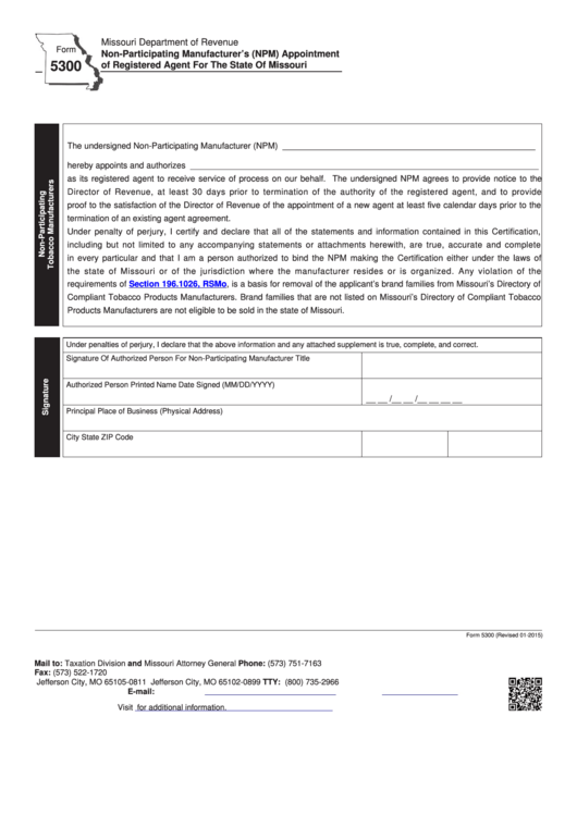 Form 5300 - Non-participating Manufacturer's (npm) Appointment Of Registered Agent For The State Of Missouri