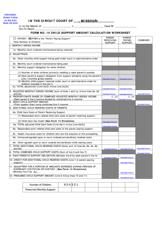 Fillable Form No. 14 - Child Support Amount Calculation Worksheet Template With Info Printable pdf