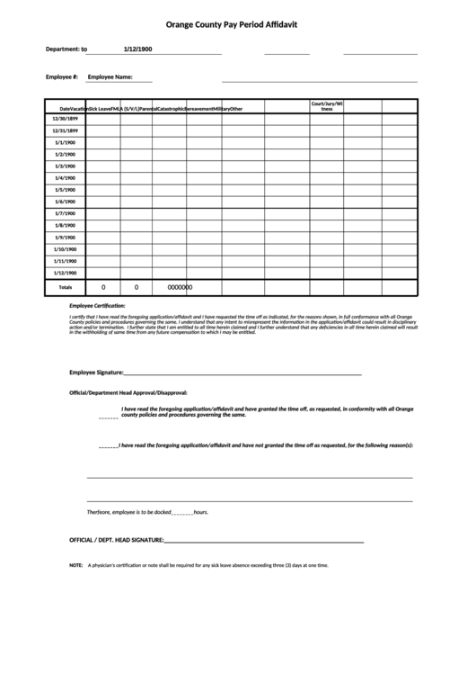 Orange County Pay Period Affidavit Printable pdf