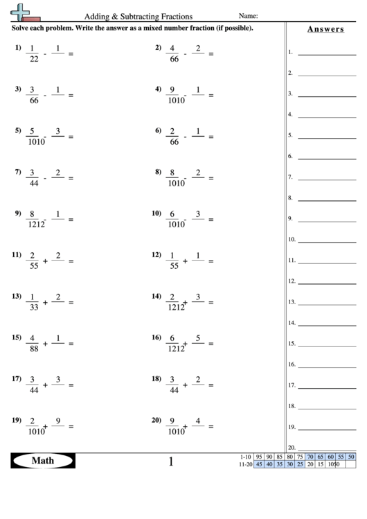 Adding & Subtracting Fractions 1 Worksheet With Answer Key printable
