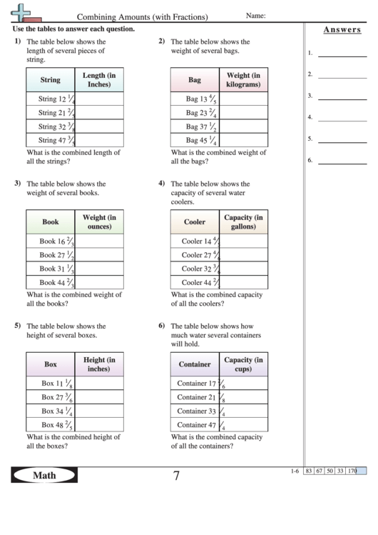 Combining Amounts (With Fractions) 7 Printable pdf