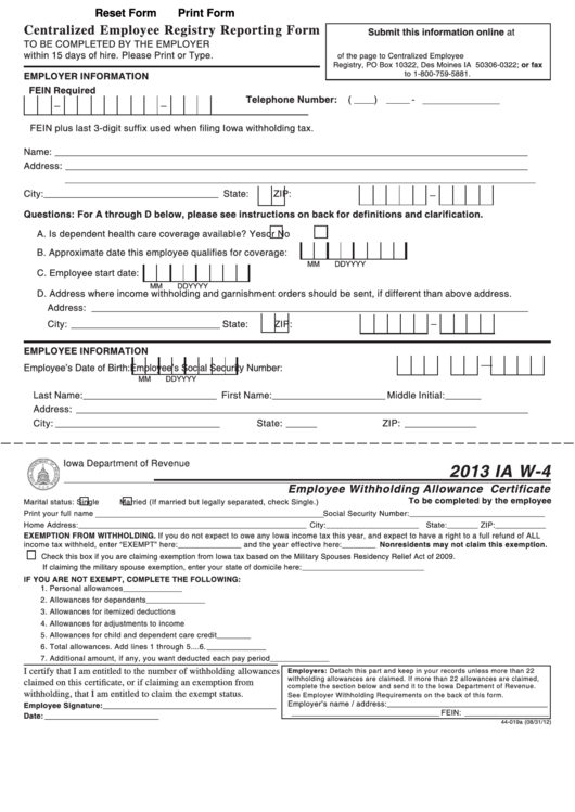 Fillable Form Ia W-4 - Employee Withholding Allowance Certificate - 2013 Printable pdf