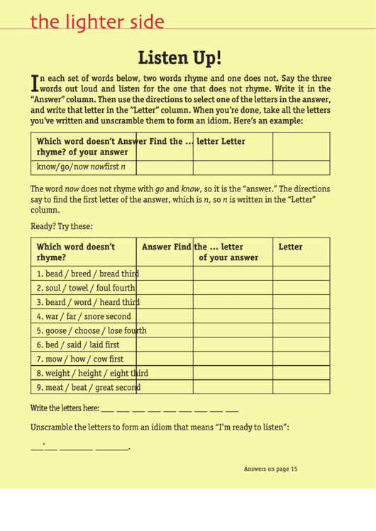 The Lighter Side - Rhyming Worksheet Printable pdf