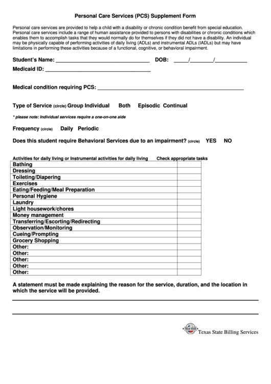 Personal Care Services (Pcs) Supplement Form Printable pdf