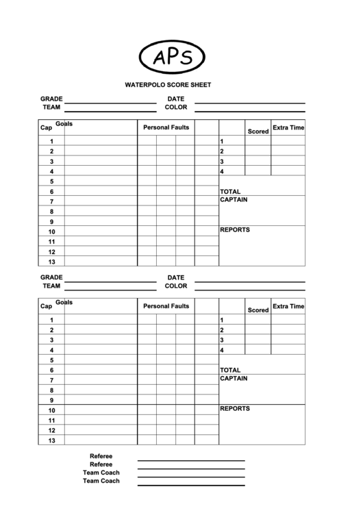 Water Polo Score Sheet