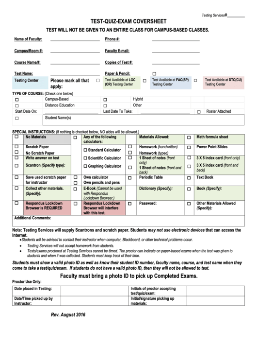 Test-Quiz-Exam Coversheet Printable pdf