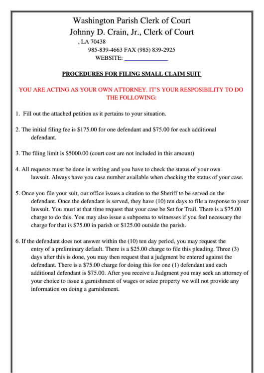 22nd Judicial District Court Parish Of Washington Small Claim Suit Printable pdf