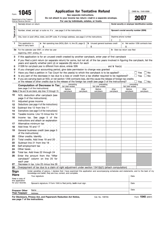 Fillable 2007 Form 1045 Application For Tentative Refund printable pdf ...