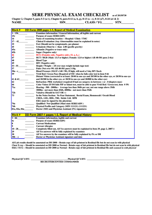 Sere Physical Exam Checklist (Dd Form 2808, Dd Form 2807-1) Printable pdf