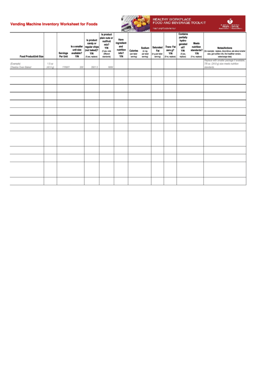 Vending Machine Inventory Worksheet For Foods Printable pdf