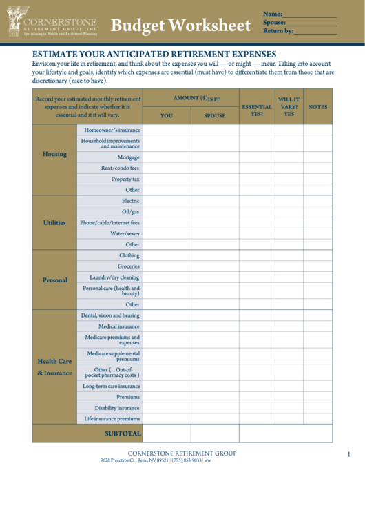 Estimate Your Anticipated Retirement Expenses Printable Pdf Download