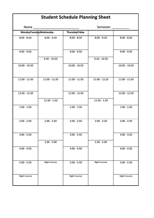 Student Schedule Planning Sheet