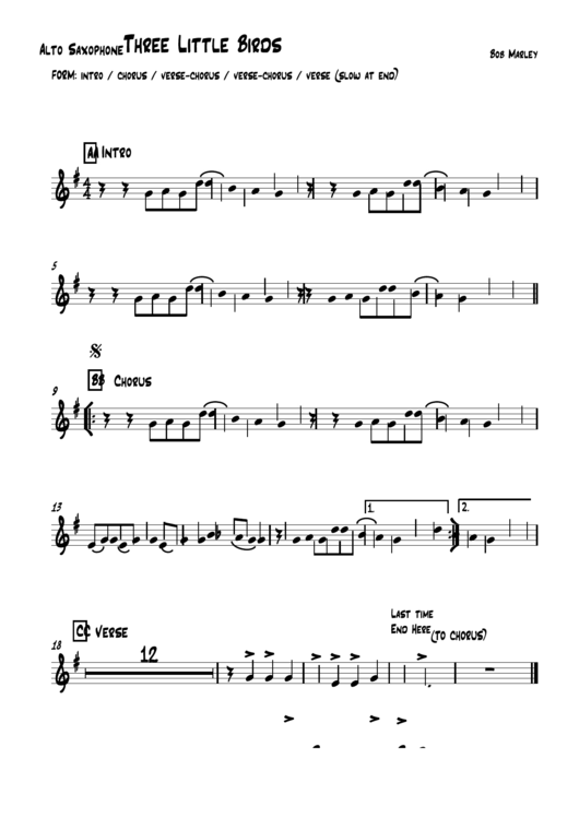 Three Little Birds (Alto Saxophone) Sheet Music Printable pdf