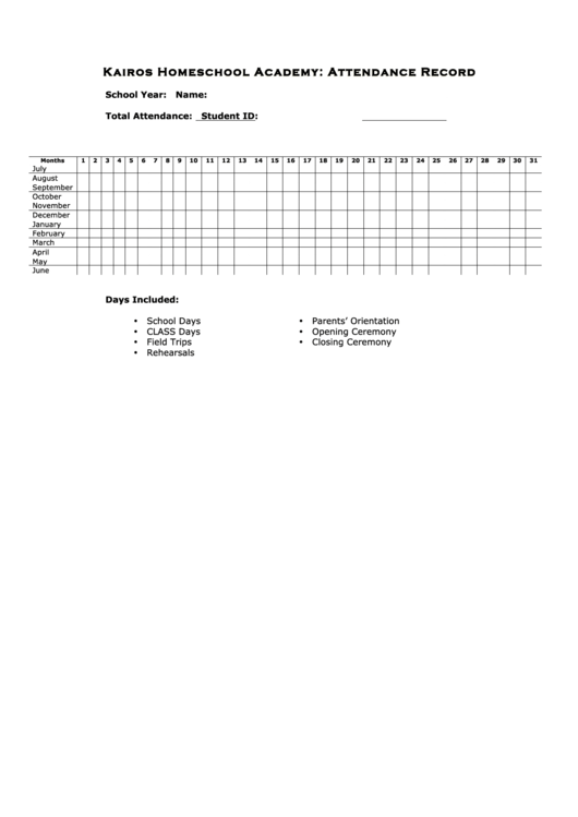 Homeschool Academy: Attendance Record Printable pdf