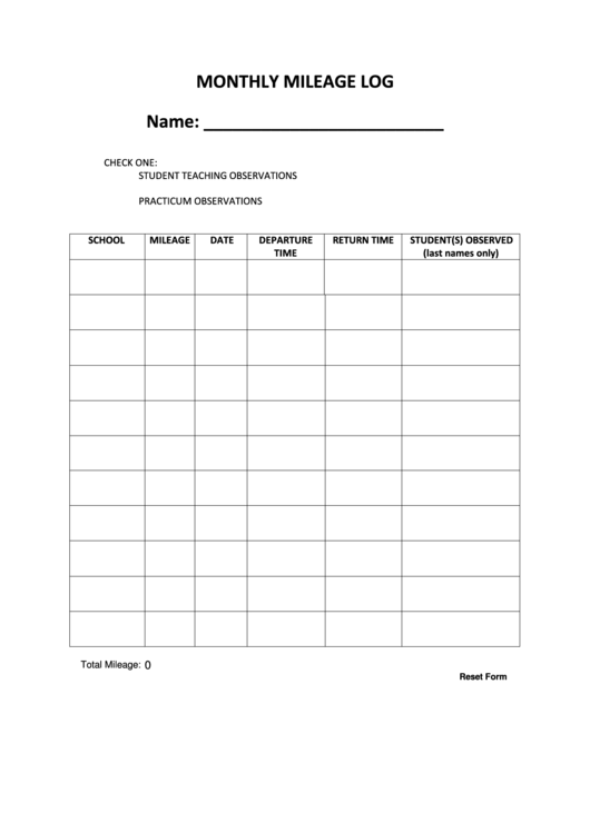 Monthly Mileage Log Sheet