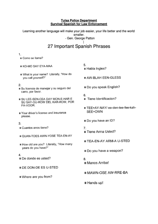 27 Important Spanish Phrases Printable pdf