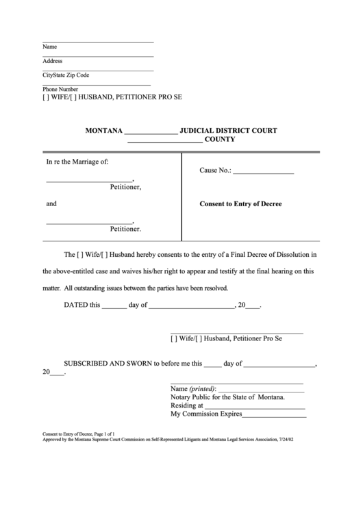 Fillable Consent To Entry Of Decree Form - Montana District Court Printable pdf
