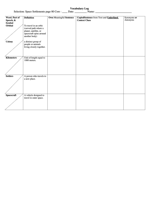 Vocabulary Log Printable pdf