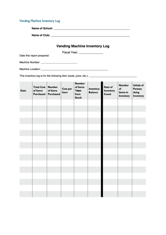 Fillable Vending Machine Inventory Template printable pdf download