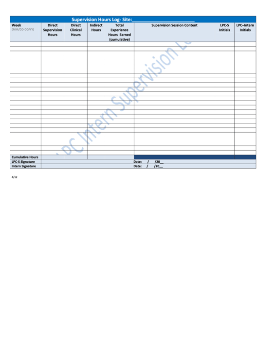 Supervision Hours Log Printable pdf