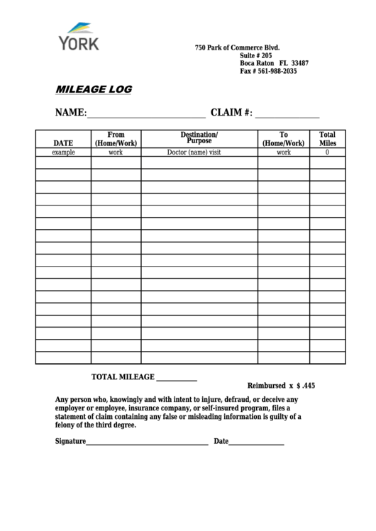 Daily Mileage Log Template Printable pdf