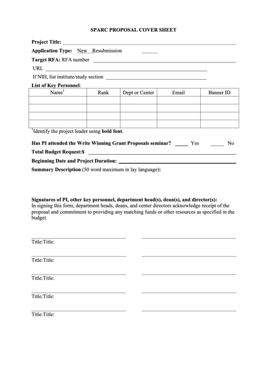 Sparc Proposal Cover Sheet Printable pdf