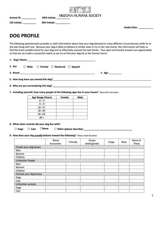 Fillable Dog Profile Questionnaire Template Printable pdf