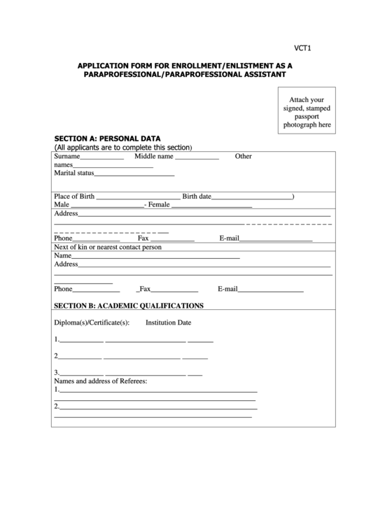 Application Form For Enrollment/enlistment As A Paraprofessional/paraprofessional Assistant Printable pdf
