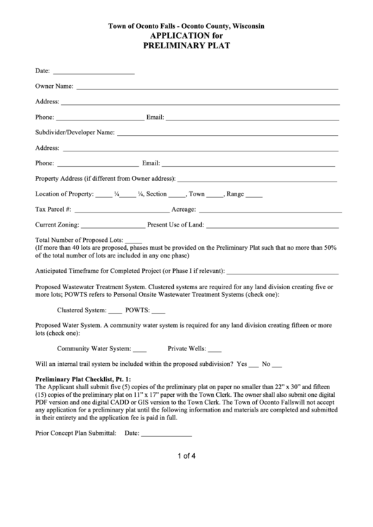 Application For Preliminary Plat Printable pdf