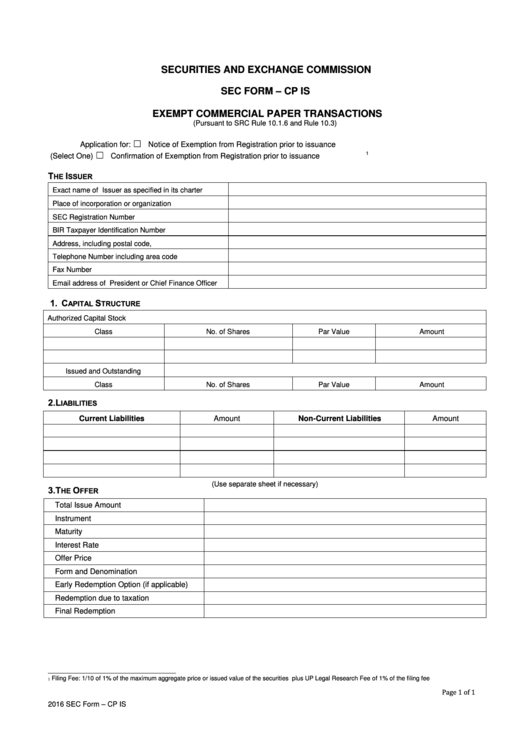 Sec Form - Cp Is - Exempt Commercial Paper Transactions Printable pdf